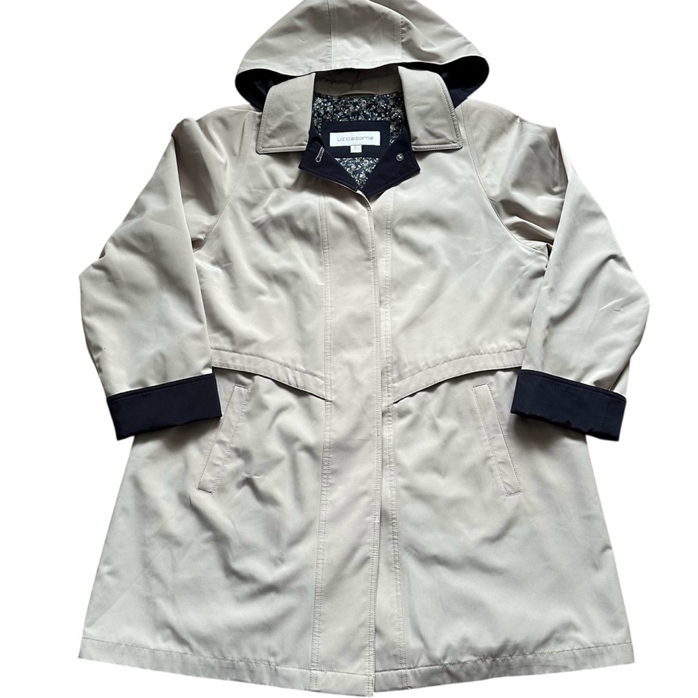 Liz Claiborne Classic Beige Tan Hooded All-Weather Coat Floral Print Lining L